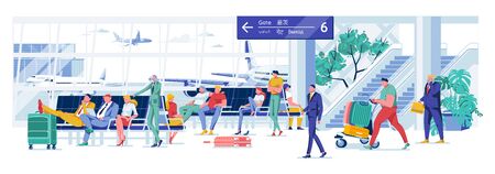 Lounge Waiting for Boarding with Many Passenger. Man and Woman Sitting in Comfortable Chair and Waiting for Time to Board Plane to Go on Trip for Work or Rest. Outside Window Airplane.のイラスト素材