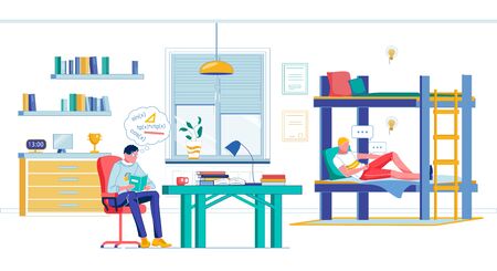 Brunet Wearing Glasses Reviewing Equation for Tomorrow Advanced Mathematics Class Sitting by Desk in Students Dormitory Room, His Roommate Lying on Twin Bunk Bed and Chatting Over Phone.のイラスト素材