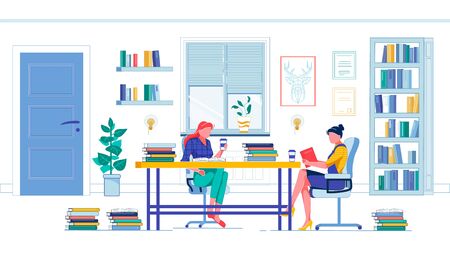 Coursemate Sitting by Desk Full Book with Coffee, Doing College Homework Together. Red-Haired Student and Her Friend, Brunette Wearing Jeans, Working Hard to Get Ready for Final Examination.のイラスト素材