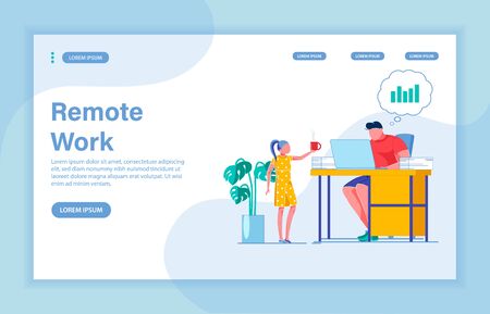 Remote Work as Way to Earn Money. Caring Daughter Bringing Hot Cup to Her Daddy, Making Money Remotely. Young Brunet Working in Home Office. Landing Page with Copy Space for Extra Text.のイラスト素材