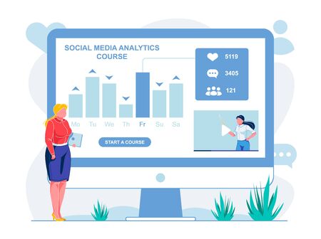 Social Media Analytics Online Course, Banner. There Graph on Big Screen about that. How Number Likes, Comments and Subscribers in Companys Account Changes every Day. Woman will Watch Online Lesson.のイラスト素材
