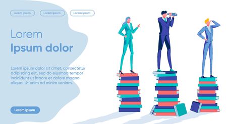 Business People Cartoon Characters Stand on Books Piles Looking Forward. Education and Knowledge, Creative Mind for Successful Business Promotion and Career Development. Flat Vector Illustration.のイラスト素材