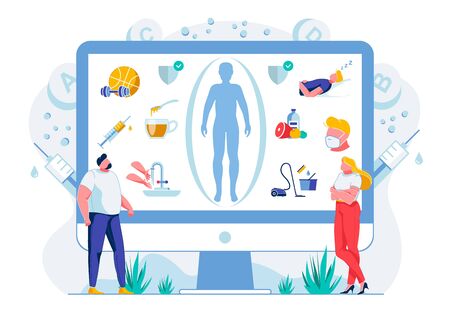 Healthy Lifestyle Habits Flat Vector Illustration. Online Wellness Course. People Studying Balanced Nutrition and Sufficient Sleep Time, Rest Principles. Daily Hygiene, Vaccination and Workout Rulesのイラスト素材