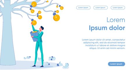Businessman Cartoon Character Collecting Ideas Symbols. Profit from Investments in Innovations and Advanced Technology. Creative Business Approach and Development Strategy. Flat Vector Illustration.のイラスト素材