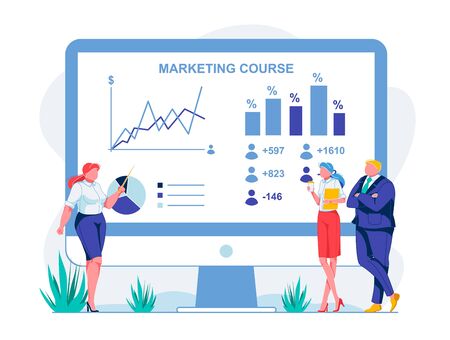 Banner Inscription on Monitor Marketing Course. On Large Computer Monitor, Chart with Percentage and Data Analysis. People Listen to Woman Speaker. Full Girl Shows Pointer to Graph.のイラスト素材