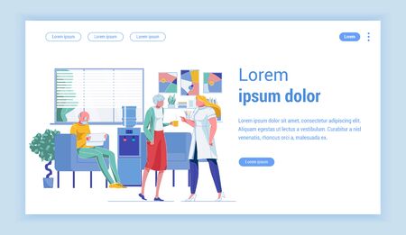 Waiting Room in Local Clinic. Senior Man, Sitting in Comfy Armchair and Reading Newspaper. Aged Lady with Hot Drink in Yellow Mug, Chatting with Nurse. Landing Page with Copy Space for Extra Text.のイラスト素材