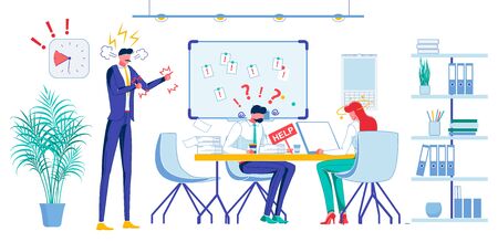 Deadline, Time Limit Flat Vector Illustration. Angry Boss and Office Workers, Furious Chief and Subordinates Faceless Characters. Tense Atmosphere, Workload, Request for Help, Stress conceptのイラスト素材