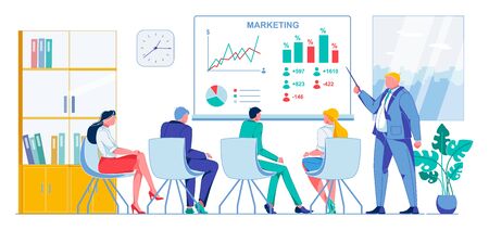 Strategy Planning and Marketing Meeting, Slide. Company Employees Sit Facing Interactive Whiteboard and Listen to Speaker. Overweight Man Suit Presents Marketing Results. Vector Illustration.のイラスト素材
