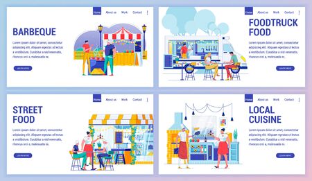 Barbeque, Foodtruck and Street Food, Local Cuisine. Cook Fries Meat Outside, near Table with Drinks. Couple Having Lunch near Food Truck. Waiter Serves Drinks at Summer Terrace Cafe.のイラスト素材