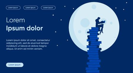 Night Learning Flat Landing Page Vector Template. Self Development and Improvement, Personal Growth, Reading Book, Thirst for Study Metaphor. Education Significance Homepage Layoutのイラスト素材