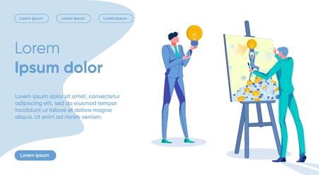 Two Business People Cartoon Characters Collaborating on Search Smart Solution for Company Growth and Prosperity. Brainstorming Meeting and Innovative Ideas Development. Flat Vector Illustration.のイラスト素材