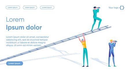 Business Team on Way to Success and Prosperity. Colleagues Choosing Development Strategy, Seeking Innovative Methods for COmpany Promotion and Financial Growth. Flat Cartoon Vector Illustration.のイラスト素材