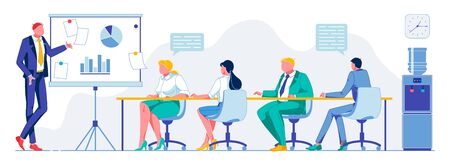 Training Company Employees, Advanced Training. Employees Sit in Conference Room at Table and Listen to Lecturer. Guy in Suit Trains Staff Using Graph and Chart. Vector Illustration.のイラスト素材