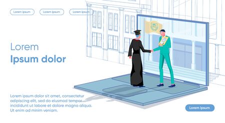 Man in Suit and Guy Stand Laptop and get Diploma. Formation Logical Structure Educational Elements Topic. Advantages and Conditions under which Preferable to Choose one or another Certification.のイラスト素材
