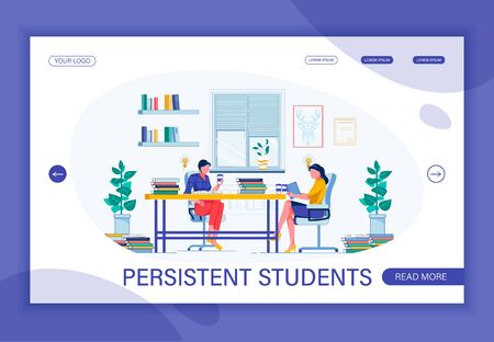 Perseverance as Necessary Trait Which Is Possessed by Successful Student. Persistent Brunette and Her Coursemate Studying Together with Coffee to Stay Awake. Flat Vector Landing Page Template.のイラスト素材