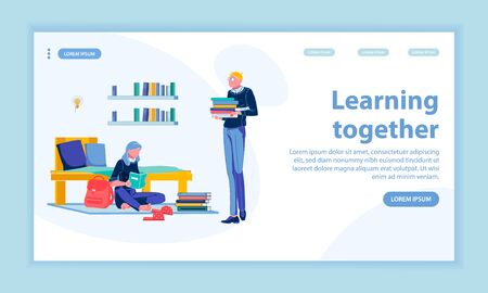 Freshmen Learning Together in College Dormitory Room. Girl Sitting on Floor with Backpack, Polka-Dotted Slippers and Book, and Reading. Her Friend Bringing More Guide. Landing Page with Copy Space.のイラスト素材