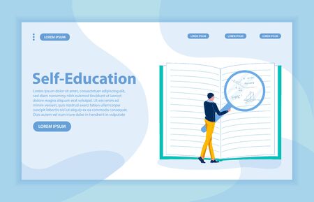 Brunet with Magnifying Glass Examining Geometric Figure and Energy Conservation Law in Huge Textbook. Student Being Occupied With Self-Education. Flat Vector Landing Page, Copy Space for Extra Text.のイラスト素材
