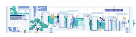 Passengers Screening at Entrance to Airport Equipment and Security Department Employees at Work. Travelers Security Assurance and Monitoring in Civil Aviation. Flat Cartoon Vector Illustration.のイラスト素材