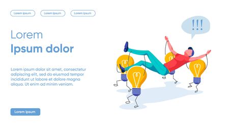Dividing an Object or Idea into Several Parts. Luminous Light Bulbs on Legs Carry Large Man. Guy in Casual Clothes Exclaims that Ideas Carry him Forward. Common Way to Achieve Goal.のイラスト素材