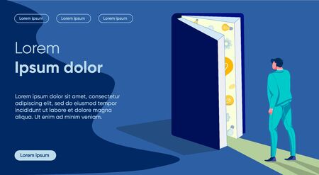 Education Light Flat Landing Page Vector Template. Study, Knowledge Significance Metaphor. Businessman and Opened Book with Lightbulbs Faceless Character. Insight, Enlightenment Homepage Layoutのイラスト素材