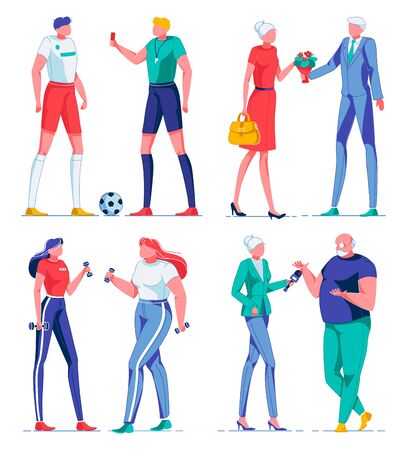 Scenes with People Pairs Busy with Activities Flat Cartoon Vector Illustration. Football Referee Showing Red Card to Player. Old Man Giving Flowers to Woman. Friends Exercising. Journalist.のイラスト素材