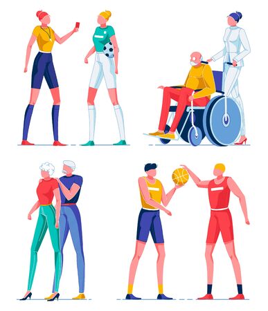 Female Referee Showing Red Card to Football Player Flat Cartoon Vector Illustration. Medical Worker Walking with Man in Wheelchair. Old Man Doing Massage to Wife. Two Sportsmen Playing Basketball.のイラスト素材