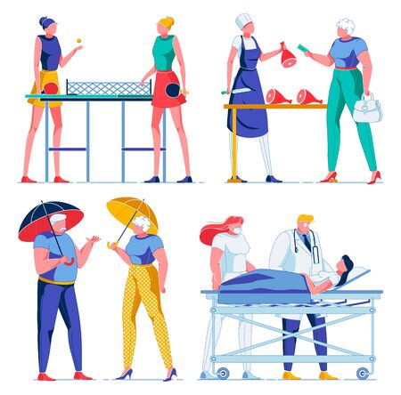 Women Playing Ping Pong or Table Tennis, Butcher Shop with Meat on Table Flat Cartoon Vector Illustration. Woman Giving Money to Seller. Couple Talking, Holding Umbrella. Woman in Hospital.のイラスト素材