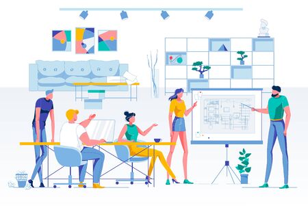 Business Conference or Briefing. Teamwork and Brainstorming Process. Team Meeting for Office Interior Discussion. Shared Coworking Space Optimization. Requests and Suggestions. Vector Illustrationのイラスト素材