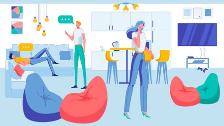 Office Workers Having Rest in Kitchen, Lunch Time Flat Cartoon Vector Illustration. Project Activity Company. Girl Talking on Mobile Phone. Man Lying on Sofa or Couch and Talking to Collegue.のイラスト素材