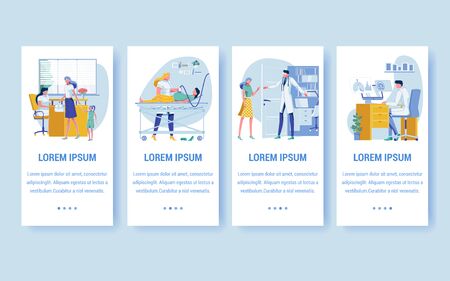 Medical Check Up in Hospital or Clinic Pages for Mobile Application. Mother with Daughter at Reception. Pregnant Woman Having Ultrasound Scan Flat Cartoon Vector Illustration. Doctor Inviting Patient.のイラスト素材