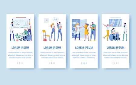 Four Medical Assistance Banners with Copy Space for Extra Text. Geriatric Medicine, Senior Patients and Elderly Care. Pediatric Services. Pregnancy Support. Physicians and Healthcare Professionals.のイラスト素材