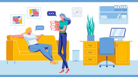 Lazy and Hardworking Company Employees Talking. Two Women, Office Clerks Cartoon Characters with Different Attitude to Work. Business Career and Efforts to Succeed. FLat Vector iLlustration.のイラスト素材