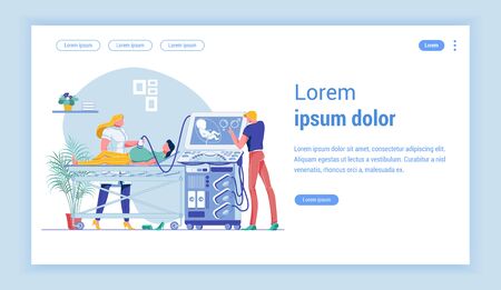 Obstetrician Gynecologist Performing Sonography. Pregnant Woman on Bed. Expectant Father, Seeing Unborn Babys First Ultrasound Image. Flat Vector Landing Page with Copy Space for Extra Text.のイラスト素材