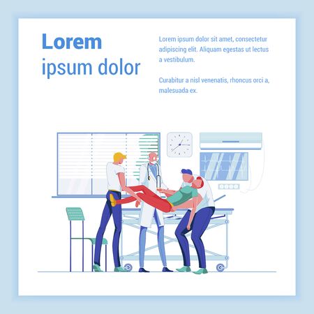Hospital Emergency Services. Doctor and Nurse Boys, Taking Care Unconscious Patient. Young Man in Dead Faint. Professional Medical Care. Flat Vector Banner with Copy Space for Extra Text.のイラスト素材