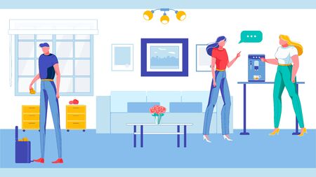 Colleagues, Office Workers Cartoon Characters Chatting during Coffee Pause in Company Recreation Room. Informal Environment and Business Team Comfortable Workspace. FLat Vector Illustration.のイラスト素材
