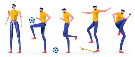 Man Doing Everyday Activities Constructor for Animation Flat Cartoon Vector Illustration. Boy Playing Football, Kicking Ball, Riding Skateboard and Doing Tricks, Throwing Ball, Playing Game.のイラスト素材