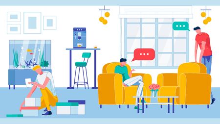 Man Working on Boxes with Documents and Characters Having Rest and Talking in Coworking Space Flat Cartoon Vector Illustration. Employees Collaborating in Informal Atmosphere. Communication in Room.のイラスト素材