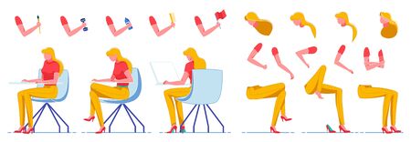 Woman Working in Office Constructor with Body Parts Flat Cartoon Vector Illustration. Character Sitting at Table with Computer. Hands with Accessories for Spending Free Time. Takingのイラスト素材