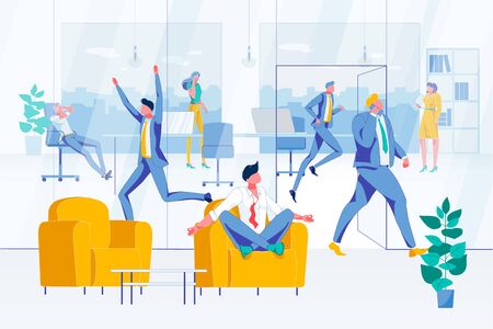 Worker Character Keep Calm in Workplace Chaos and Rush. Man Meditating in Lounge Zone. Coworkers Running and Solving Business Corporate Problems. Unorganized Employees in Office. Vector Illustrationのイラスト素材