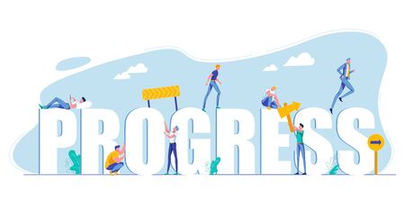 Creative Progress Capital Letters with Tiny People. Man with Road Signs as Metaphor Straight Direction to Success and Development. Flat Design Cartoon. Businesspeople Motivational Illustrationのイラスト素材