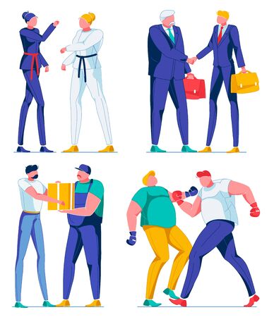 Cartoon Female and Male Characters Flat Cartoon Vector Illustration. Karate Women in Uniform. Men Workers Shaking Hands. Delivery Man Giving Box Parcel. Two Overweight People Boxing.のイラスト素材