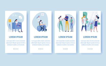 Motherhood, Giving Birth to Child, Bringing up Kids Flat Cartoon Banners Vector Illustration. Woman Sitting on Armchair Thinking about Baby. Girl in Wheelchair with Belly. Family with Newborn Baby.のイラスト素材