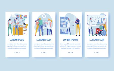 Pregnancy Period, Family Getting to Know about Baby Flat Cartoon Vector Illustration. Doctor Telling about Lungs Problems Banner. Fatther Holding Newborn Child on Hands. Old Man on Wheelchair.のイラスト素材