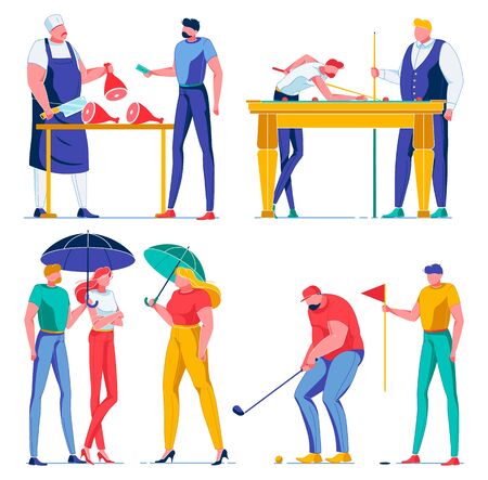 Scenes from Different Life Spheres Flat Cartoon Vector Illustration. Customer Buying Meat in Butcher Store with Shop Assisstant. Two Man Playing Billiards. Couple Meeting Friend with Umbrella. Golf.のイラスト素材