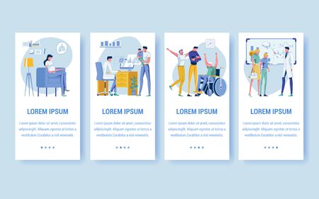 Medical Health Care Flat Cartoon Banners Vector Illustration. Pregnant Woman Sitting on Armchair Thinking about Lungs. Man Holding Son on Hands at Doctors Office. Old Man in Wheelchair.のイラスト素材