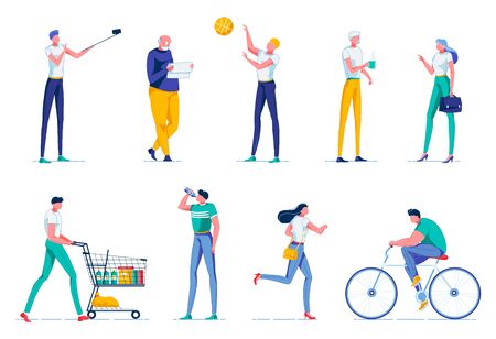 Characters Performing Different Tasks Flat Cartoon Vector Illustration. Man Taking Selfie with Stick. Grandfather Reading Newspaper Boy Playing Basketball, Senior Person. Character with Shopping Cart.のイラスト素材