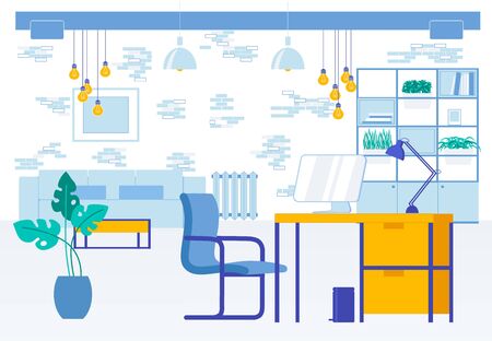 Modern Workplace Office Room Interior Flat Cartoon. Empty Cabinet with Furniture, Digital Equipment and Stationary. Table, Chair, Shelves, Computer. Contemporary Stylish Workspace. Vector Illustrationのイラスト素材