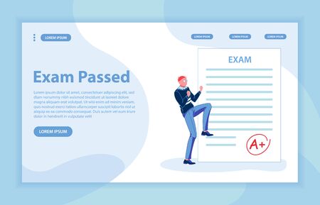 Exam Passed Banner. Boy Student Wearing Glasses, Happy at Getting A Plus Grade for Important Examination Against Background with White Sheet. Flat Vector Landing Page with Copy Space for Extra Text.の写真素材