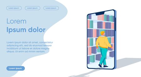 Full Man goes into Smartphone Library, Systematization. Independently Track Process Understanding Material. Classification Information Received into Categories Knowledge. Vector Illustration.のイラスト素材