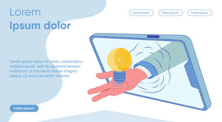 Male Hand Holds out Luminous Bulb from Tablet. Creation Controlling Product. Studying Rating on Subject. Formation Personal Interest, Determination Purpose Training. Vector Illustration.のイラスト素材